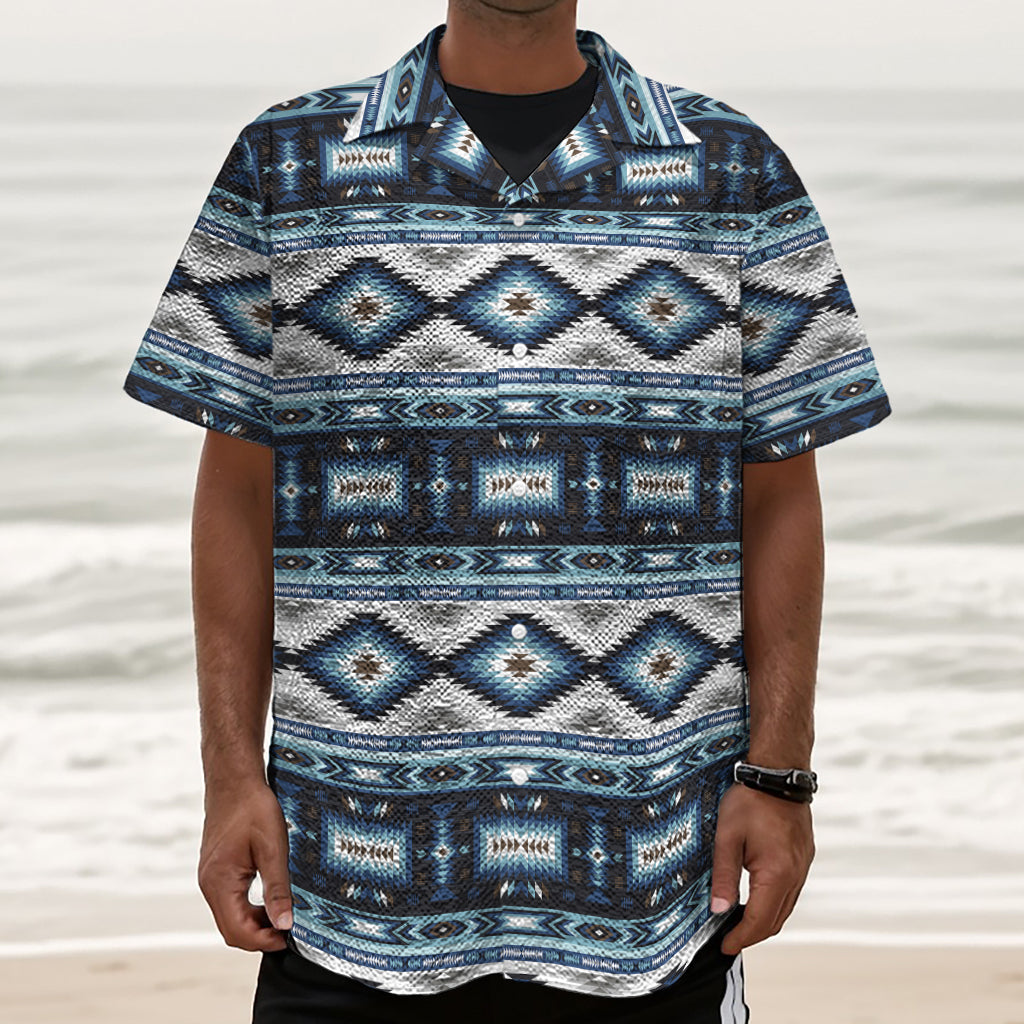 Blue Native Navajo Print Textured Short Sleeve Shirt