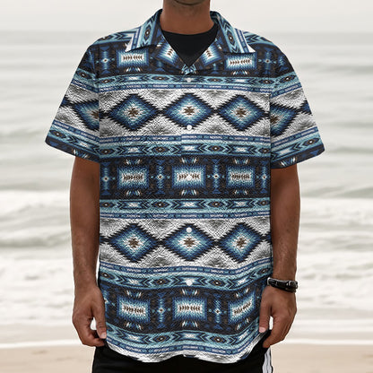Blue Native Navajo Print Textured Short Sleeve Shirt