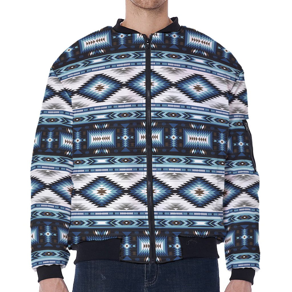 Blue Native Navajo Print Zip Sleeve Bomber Jacket
