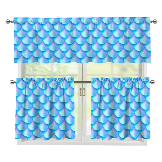 Blue Neon Mermaid Scales Pattern Print 3 Piece Kitchen Curtains