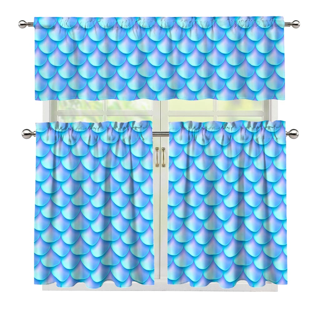 Blue Neon Mermaid Scales Pattern Print 3 Piece Kitchen Curtains
