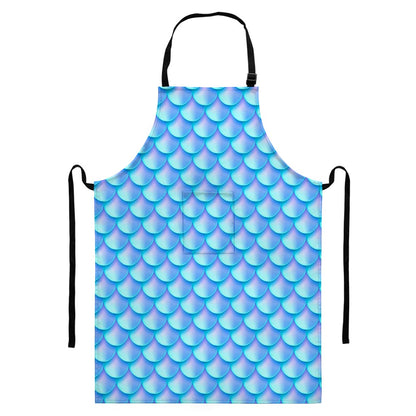 Blue Neon Mermaid Scales Pattern Print Bib Apron With Pocket