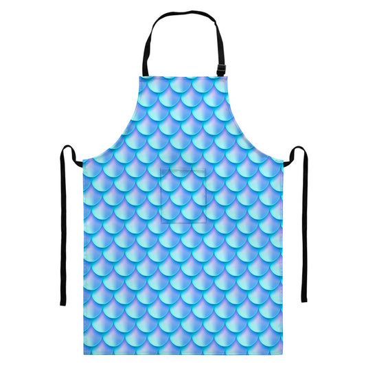 Blue Neon Mermaid Scales Pattern Print Bib Apron With Pocket