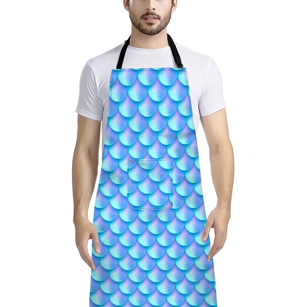 Blue Neon Mermaid Scales Pattern Print Bib Apron With Pocket