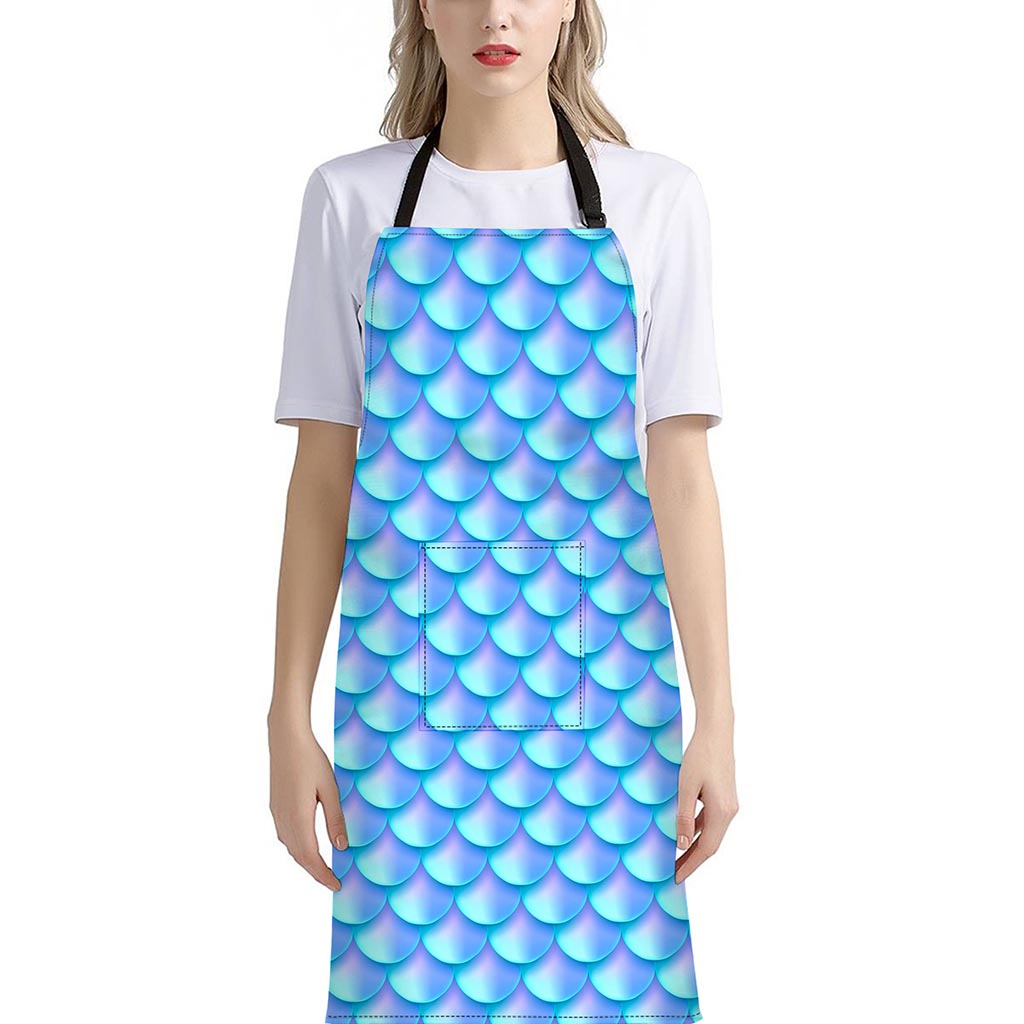Blue Neon Mermaid Scales Pattern Print Bib Apron With Pocket