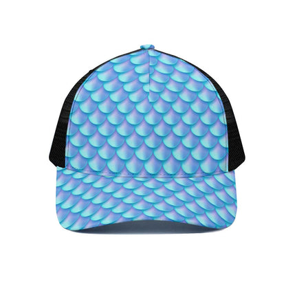 Blue Neon Mermaid Scales Pattern Print Black Mesh Trucker Cap