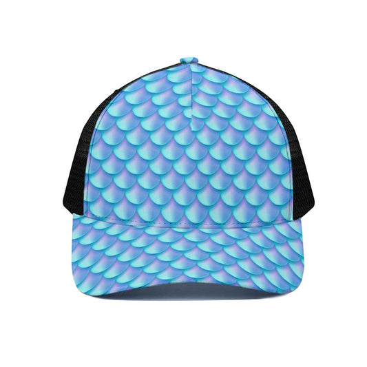 Blue Neon Mermaid Scales Pattern Print Black Mesh Trucker Cap