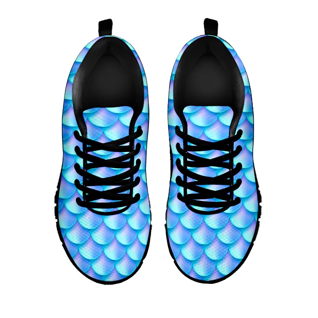 Blue Neon Mermaid Scales Pattern Print Black Running Shoes