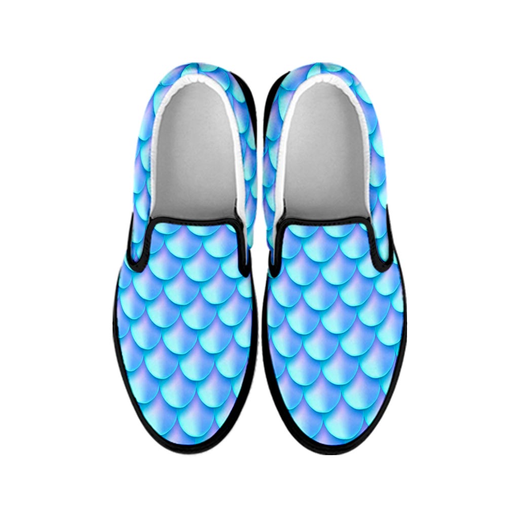 Blue Neon Mermaid Scales Pattern Print Black Slip On Sneakers