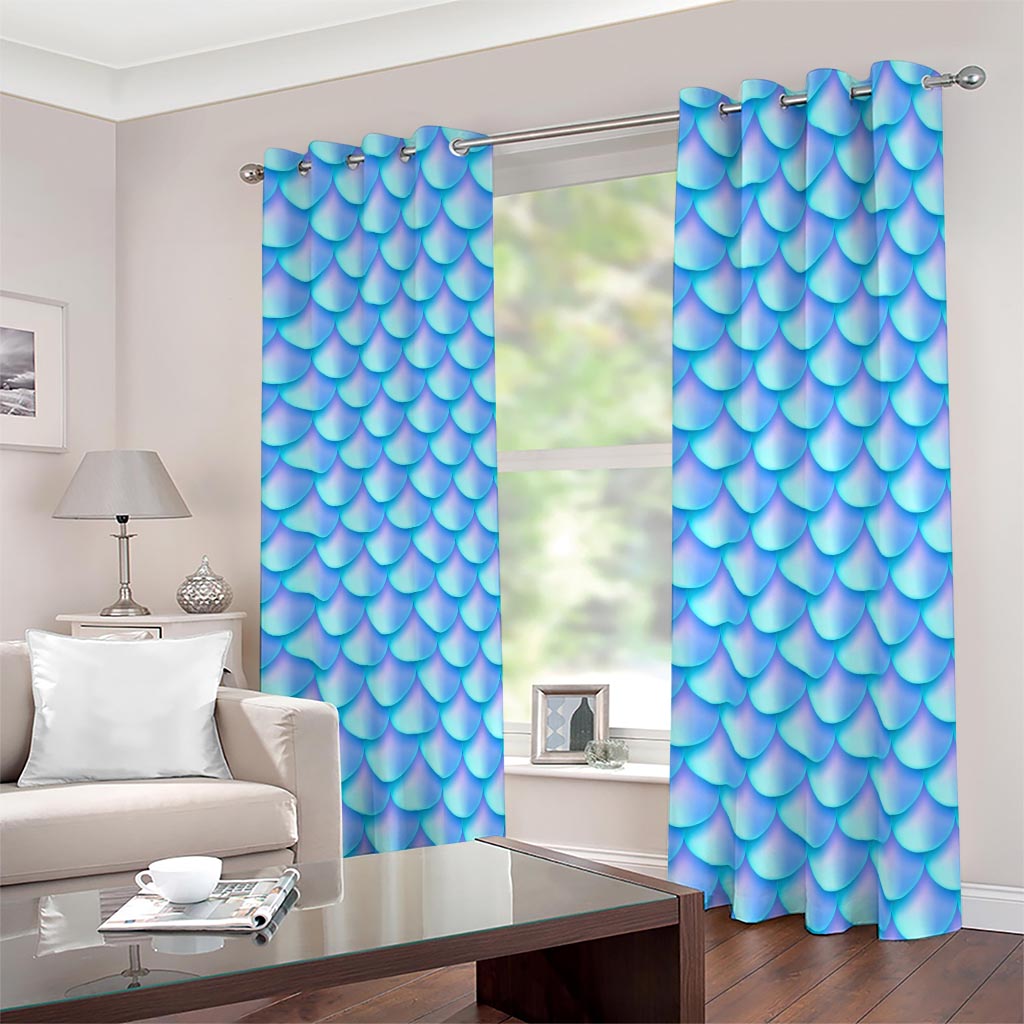 Blue Neon Mermaid Scales Pattern Print Blackout Grommet Curtains