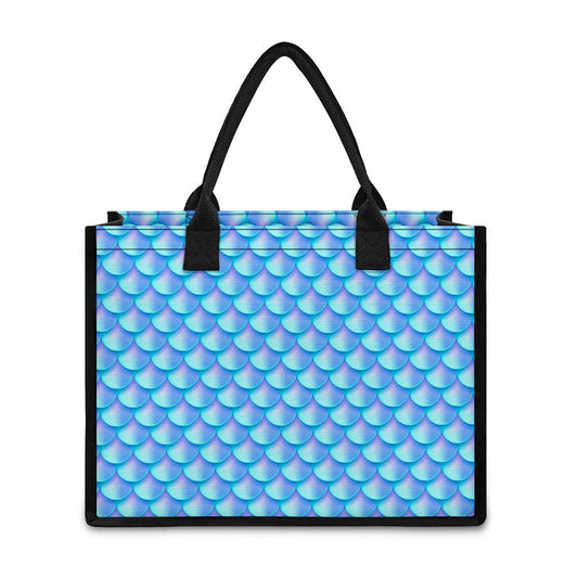 Blue Neon Mermaid Scales Pattern Print Canvas Tote Bag