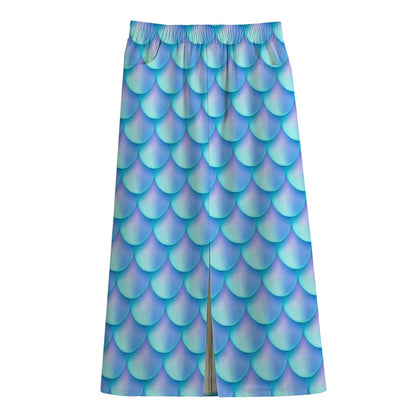 Blue Neon Mermaid Scales Pattern Print Cotton Front Slit Maxi Skirt