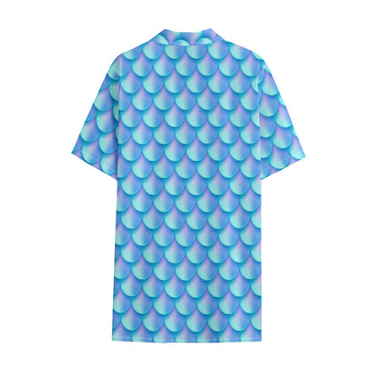 Blue Neon Mermaid Scales Pattern Print Cotton Hawaiian Shirt