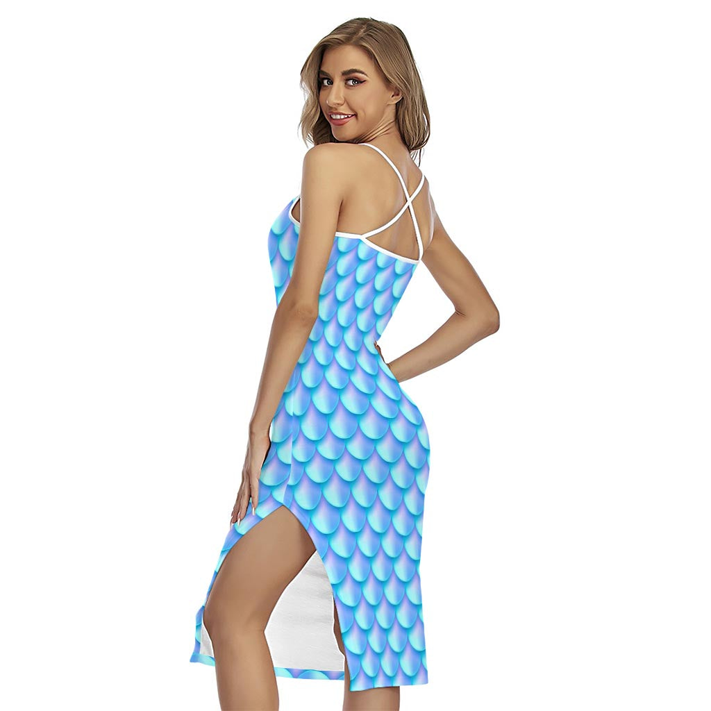 Blue Neon Mermaid Scales Pattern Print Cross Back Cami Dress