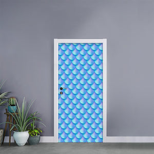 Blue Neon Mermaid Scales Pattern Print Door Sticker