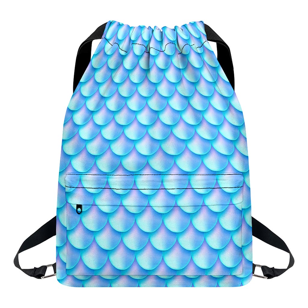 Blue Neon Mermaid Scales Pattern Print Drawstring Backpack