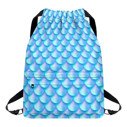 Blue Neon Mermaid Scales Pattern Print Drawstring Backpack