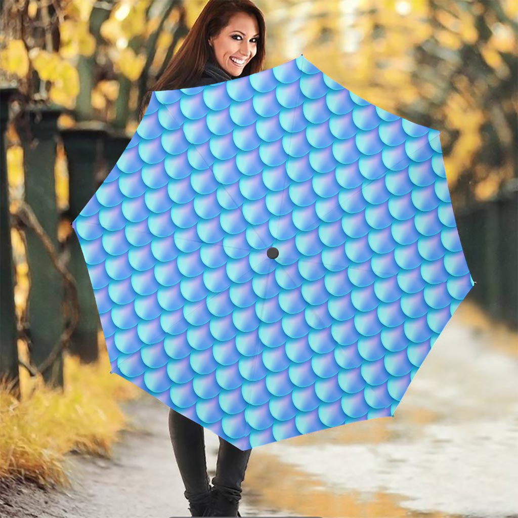 Blue Neon Mermaid Scales Pattern Print Foldable Umbrella