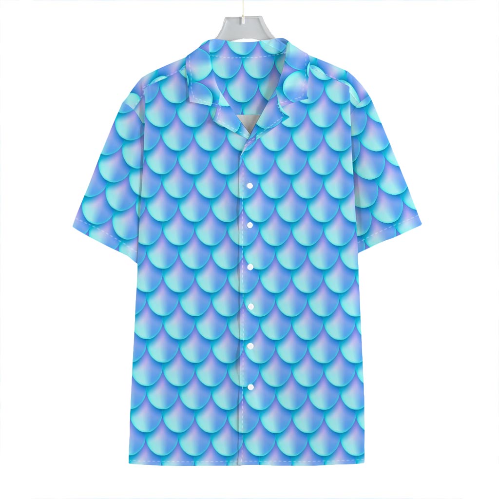 Blue Neon Mermaid Scales Pattern Print Hawaiian Shirt