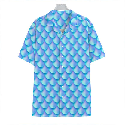 Blue Neon Mermaid Scales Pattern Print Hawaiian Shirt