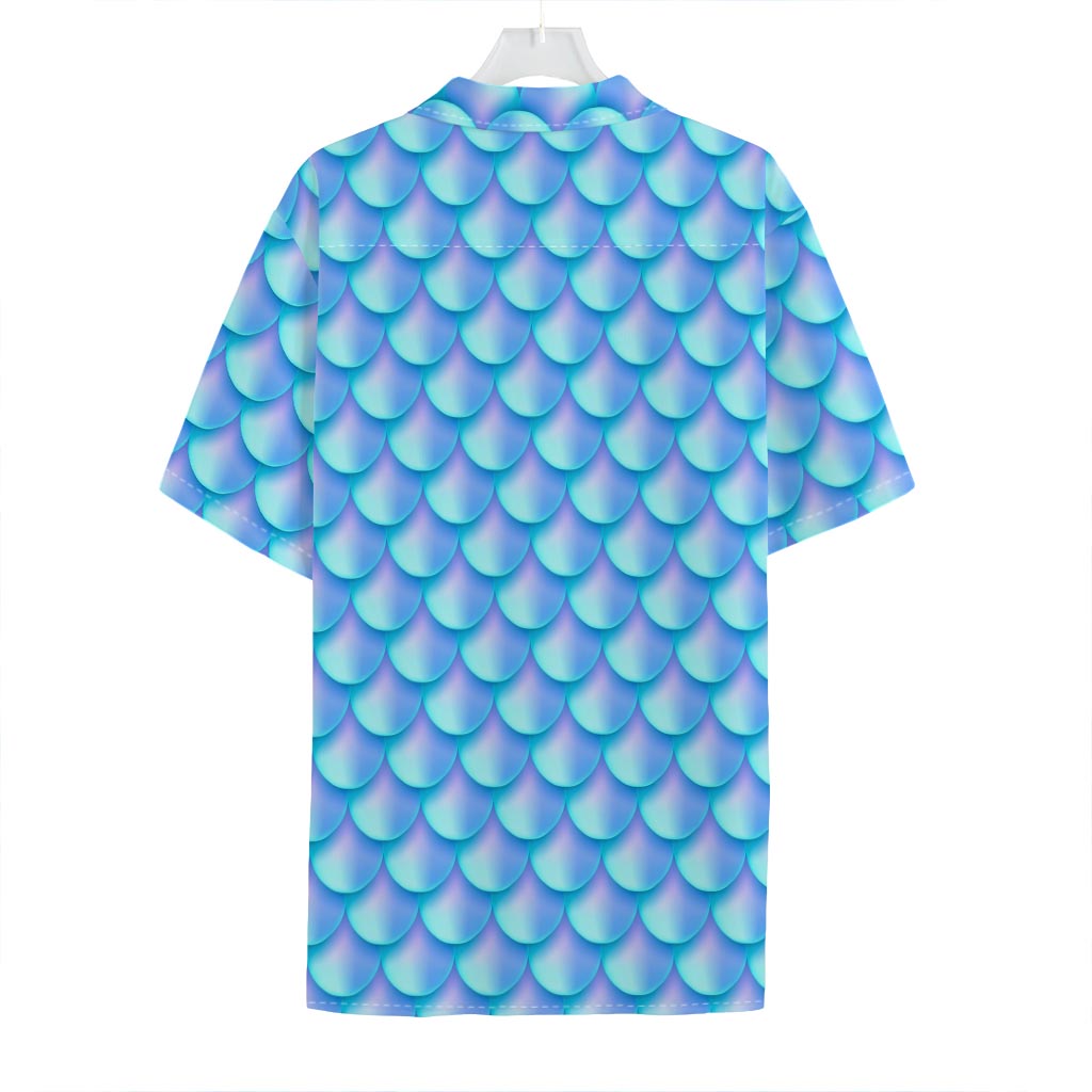 Blue Neon Mermaid Scales Pattern Print Hawaiian Shirt