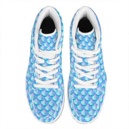 Blue Neon Mermaid Scales Pattern Print High Top Leather Sneakers