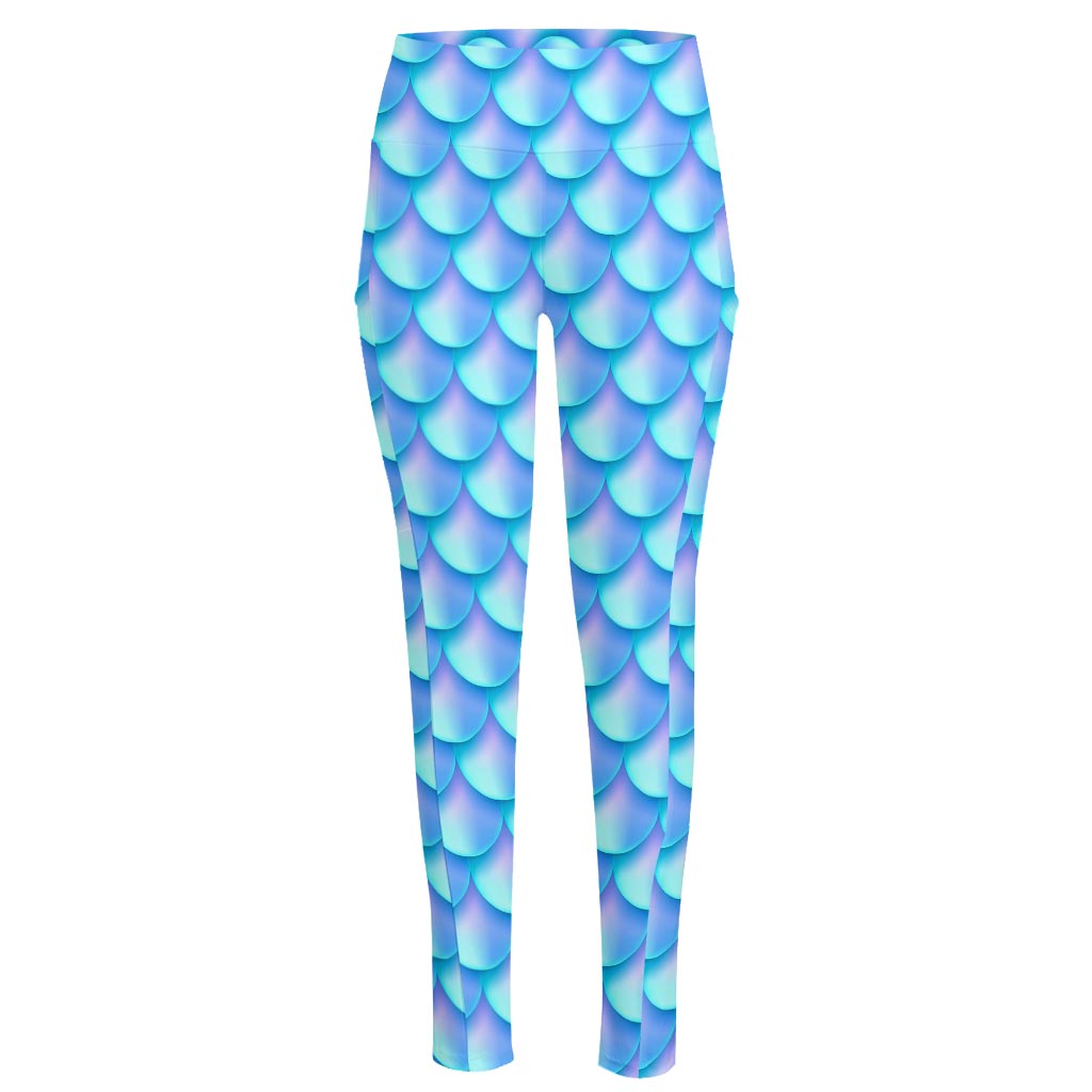 Blue Neon Mermaid Scales Pattern Print High-Waisted Pocket Leggings