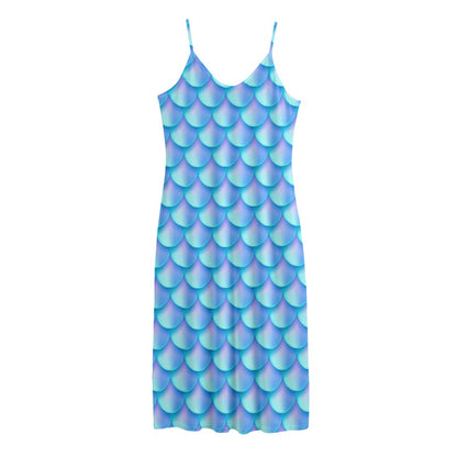 Blue Neon Mermaid Scales Pattern Print Jersey Midi Cami Dress
