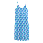 Blue Neon Mermaid Scales Pattern Print Jersey Midi Cami Dress