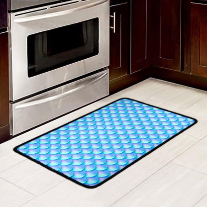 Blue Neon Mermaid Scales Pattern Print Kitchen Mat
