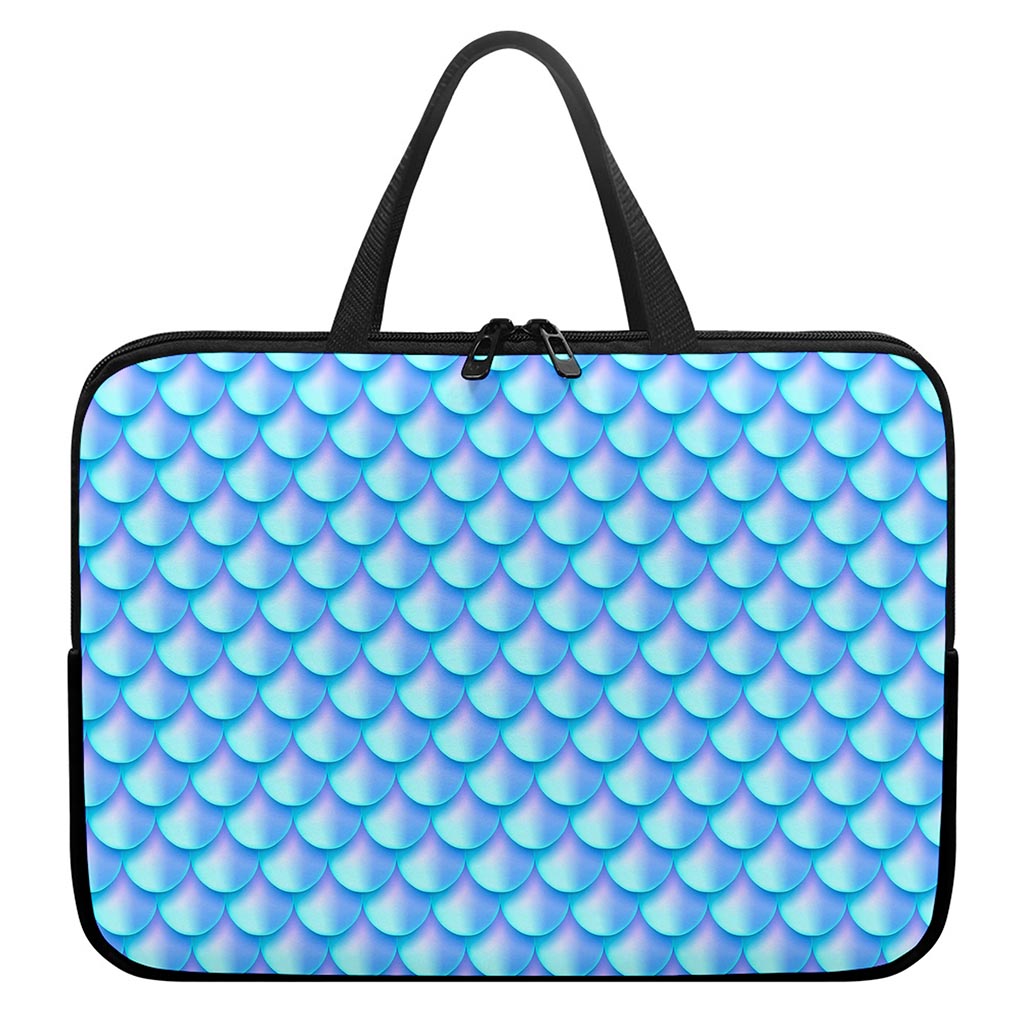 Blue Neon Mermaid Scales Pattern Print Laptop Sleeve With Handle