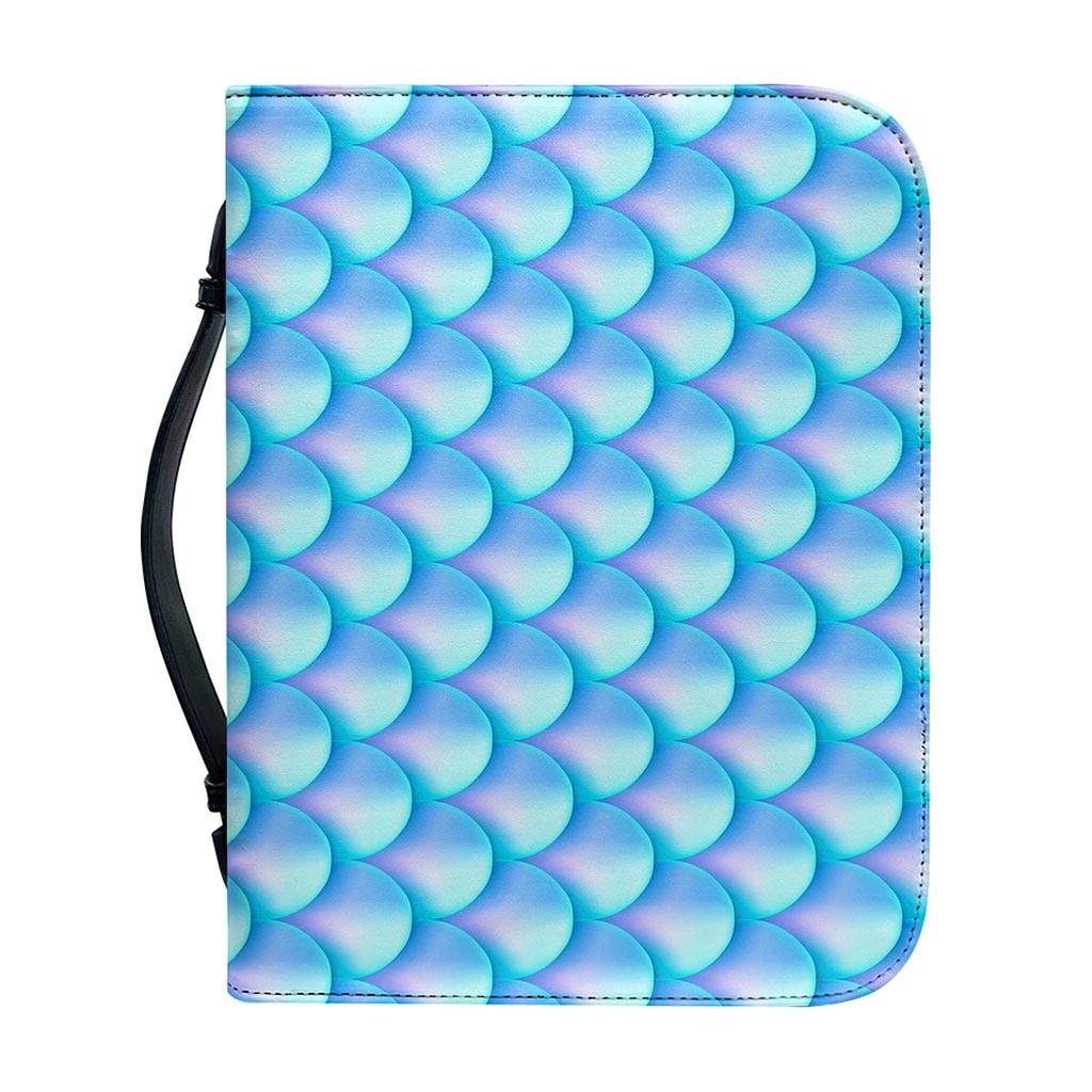 Blue Neon Mermaid Scales Pattern Print Leather Bible Cover