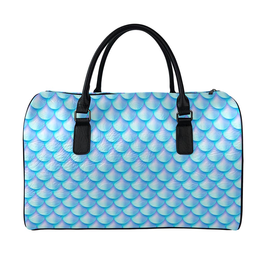 Blue Neon Mermaid Scales Pattern Print Leather Duffle Bag