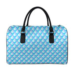 Blue Neon Mermaid Scales Pattern Print Leather Duffle Bag