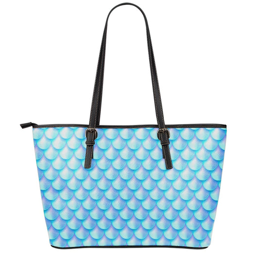 Blue Neon Mermaid Scales Pattern Print Leather Tote Bag