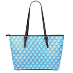 Blue Neon Mermaid Scales Pattern Print Leather Tote Bag