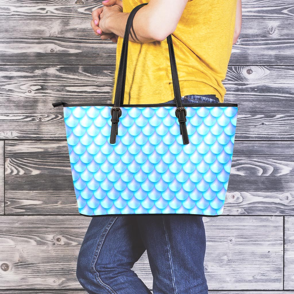 Blue Neon Mermaid Scales Pattern Print Leather Tote Bag