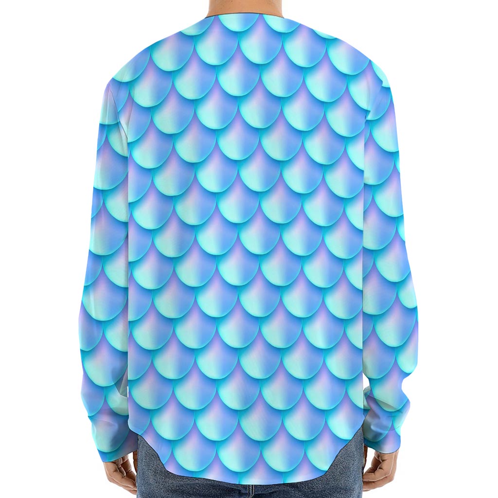 Blue Neon Mermaid Scales Pattern Print Long Sleeve Baseball Jersey