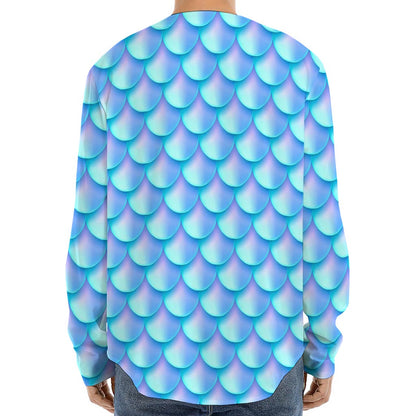 Blue Neon Mermaid Scales Pattern Print Long Sleeve Baseball Jersey