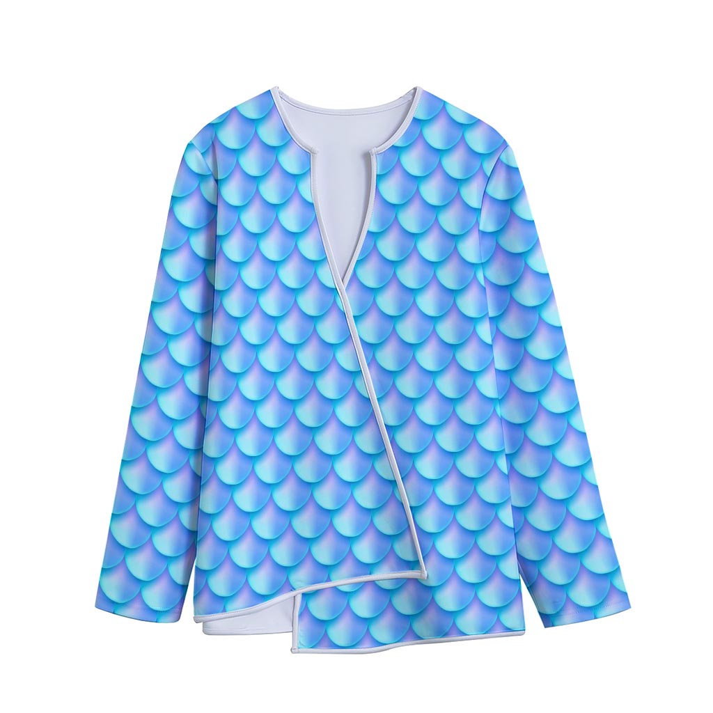 Blue Neon Mermaid Scales Pattern Print Long Sleeve Short Coat