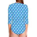 Blue Neon Mermaid Scales Pattern Print Long Sleeve Swimsuit