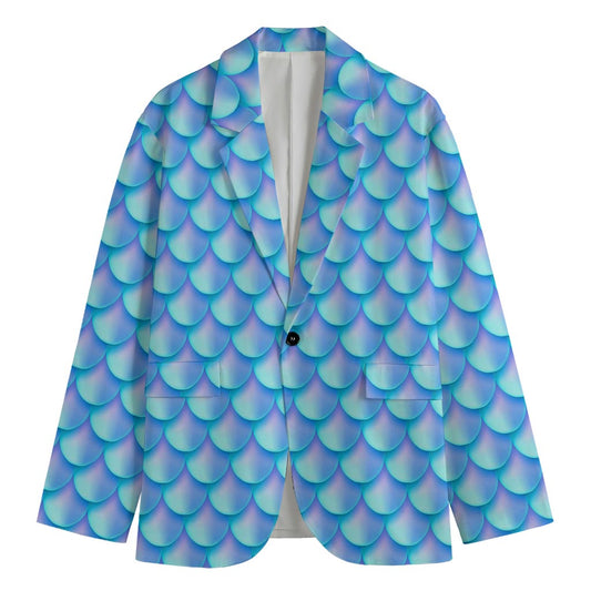 Blue Neon Mermaid Scales Pattern Print Men's Blazer