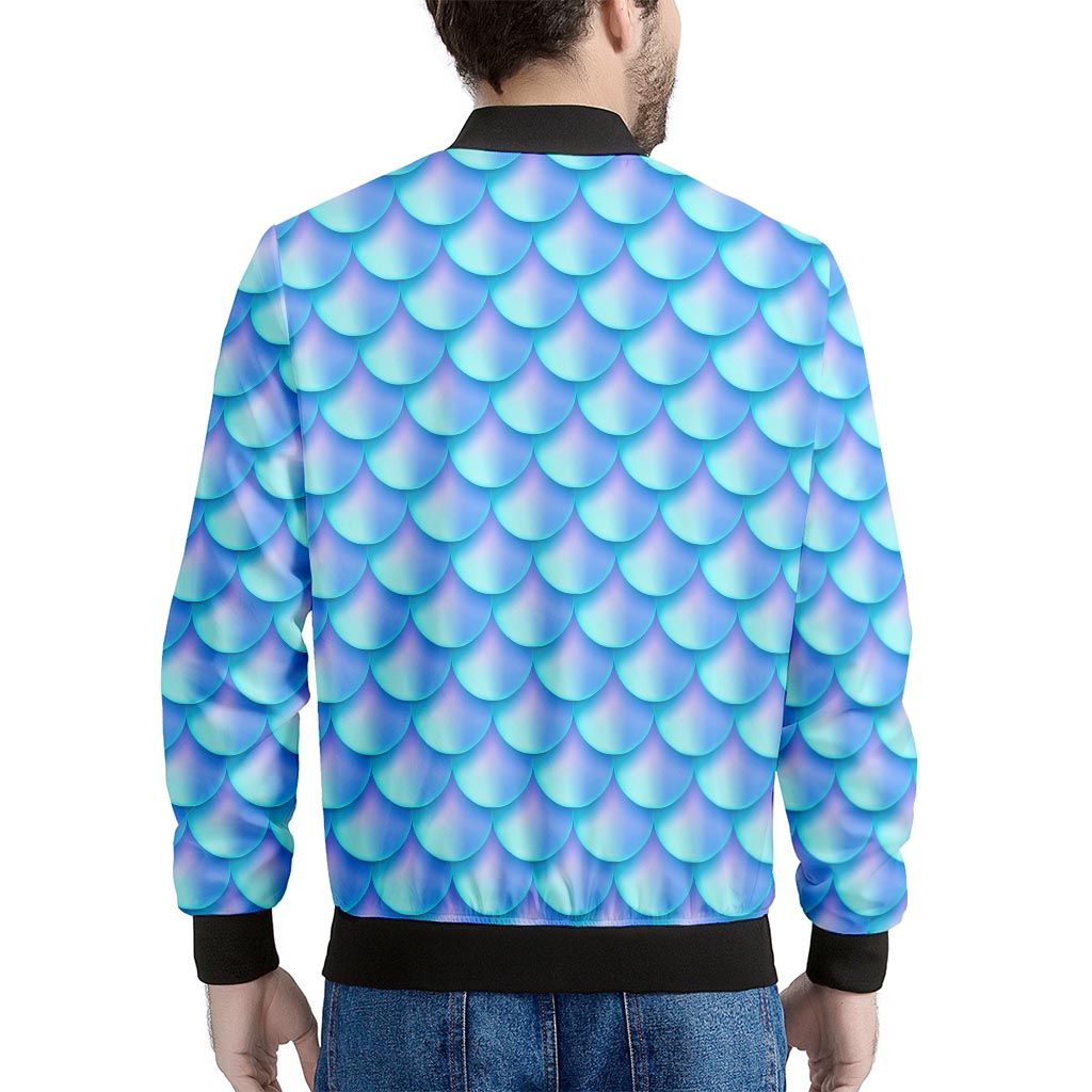 Blue Neon Mermaid Scales Pattern Print Men's Bomber Jacket