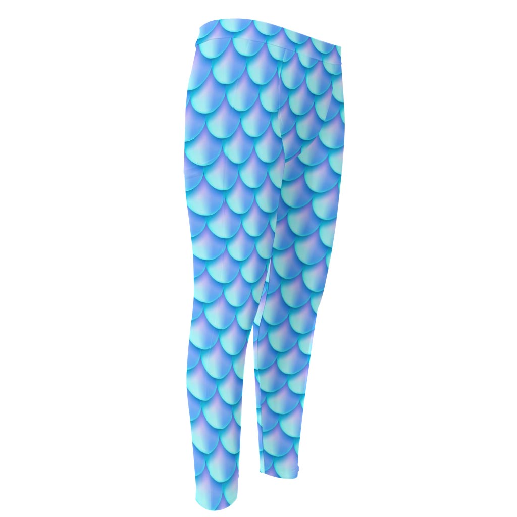 Blue Neon Mermaid Scales Pattern Print Men's Compression Pants