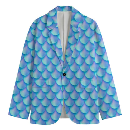 Blue Neon Mermaid Scales Pattern Print Men's Cotton Blazer
