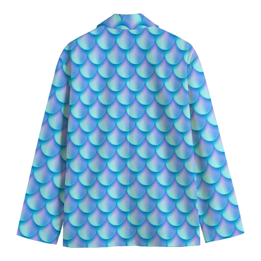Blue Neon Mermaid Scales Pattern Print Men's Cotton Blazer