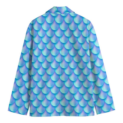 Blue Neon Mermaid Scales Pattern Print Men's Cotton Blazer