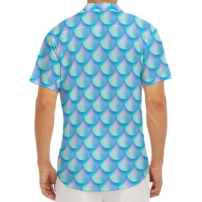 Blue Neon Mermaid Scales Pattern Print Men's Deep V-Neck Shirt