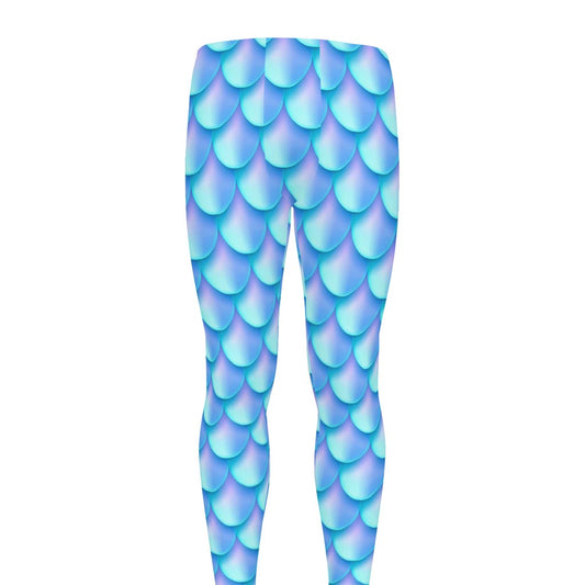 Blue Neon Mermaid Scales Pattern Print Men's leggings