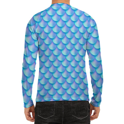 Blue Neon Mermaid Scales Pattern Print Men's Long Sleeve Rash Guard